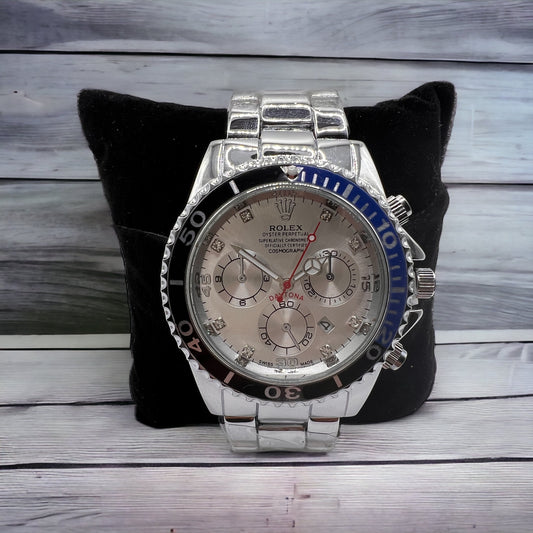 Reloj de diseño inspirado en Rolito plateado azul/negro para hombre